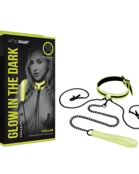 WhipSmart Glow In The Dark Collar with Nipple Clips & Leash
