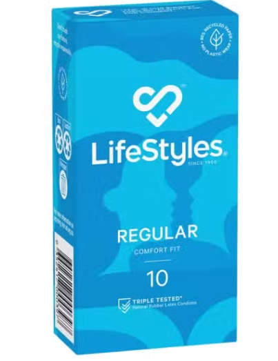 Lifestyles Regular 10 Condoms Comfort Fit Lubricated Nominal Width 53mm Latex