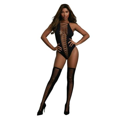 Dreamgirl Women S Opaque Seamless Criss-Cross Teddy and Matching Stockings Set