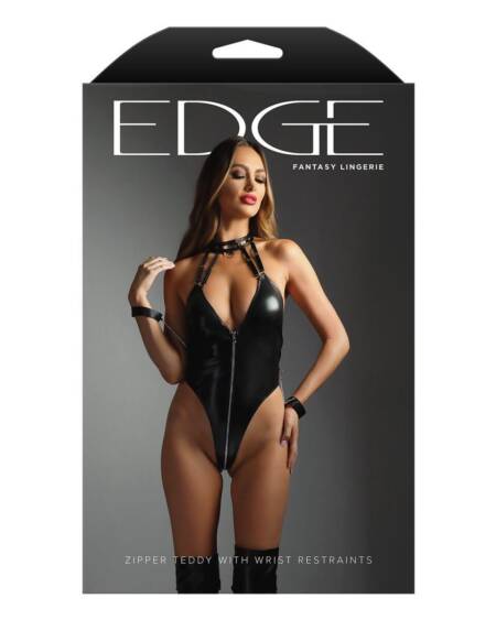 Fantasy Lingerie Black M/L - EDGE Zipper Teddy & Wrist Restraints - M
