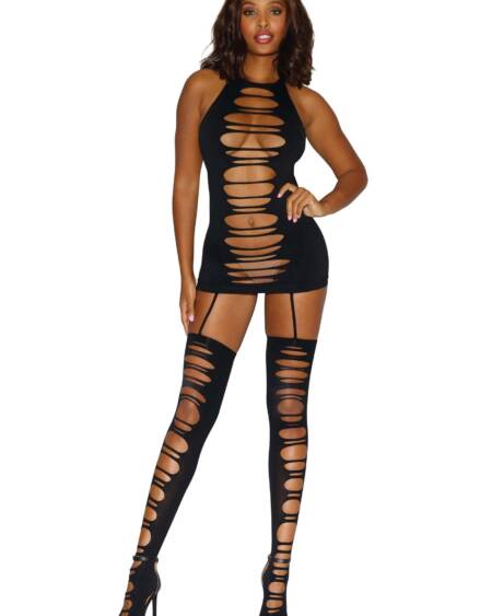 Dreamgirl Slashed Opaque Bodystocking with Stockings