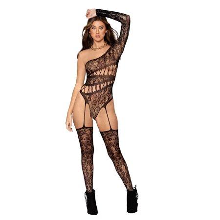 Dreamgirl Asymmetrical Lace Teddy Bodystocking with Attached Lace Stockings