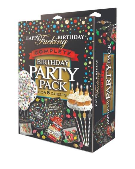 Happy Fucking Birthday Party Pack Ultimate Adult Birthday Bash Set – Plates, Napkins, Balloons, Straws, Candles, Confetti & Game