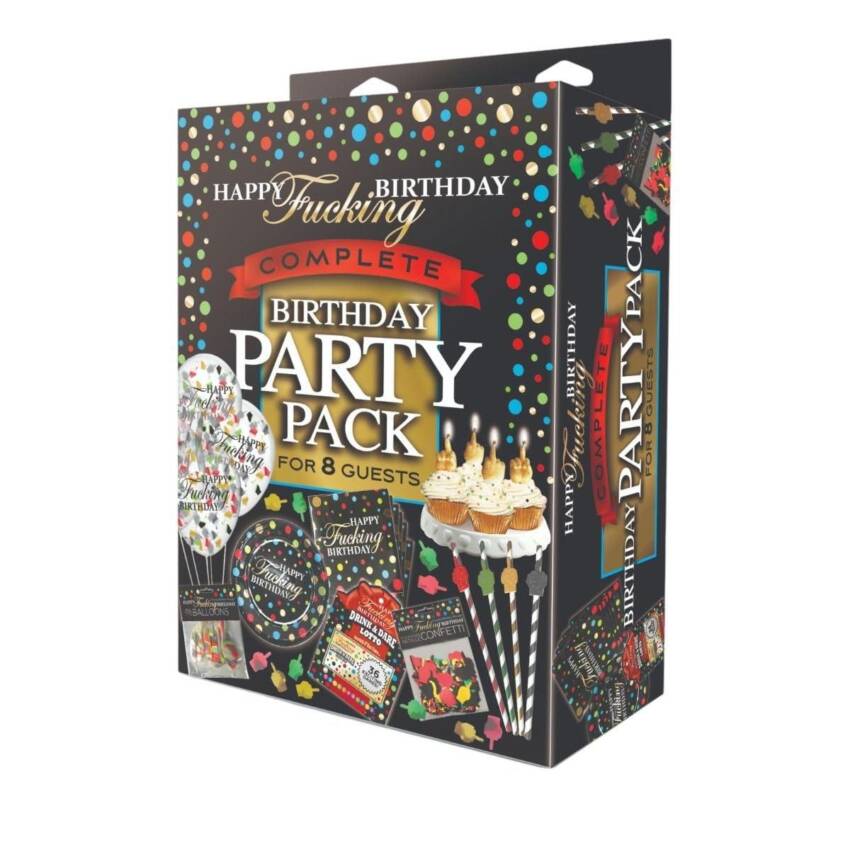 Happy Fucking Birthday Party Pack Ultimate Adult Birthday Bash Set – Plates, Napkins, Balloons, Straws, Candles, Confetti & Game