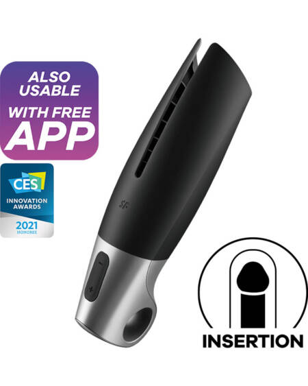 Satisfyer Power Masturbator - Black USB Rechargeable Vibrating Masturbator with App Control
