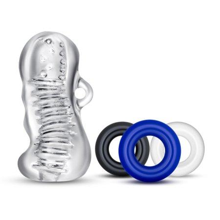 Blush Quickie Kit Jerk Off - Ultra Soft Realistic Ribbed Multi Textured 2 Chambered Clear Masturbator Stroker Sleeve - Set of 3 Penis Cock Rings